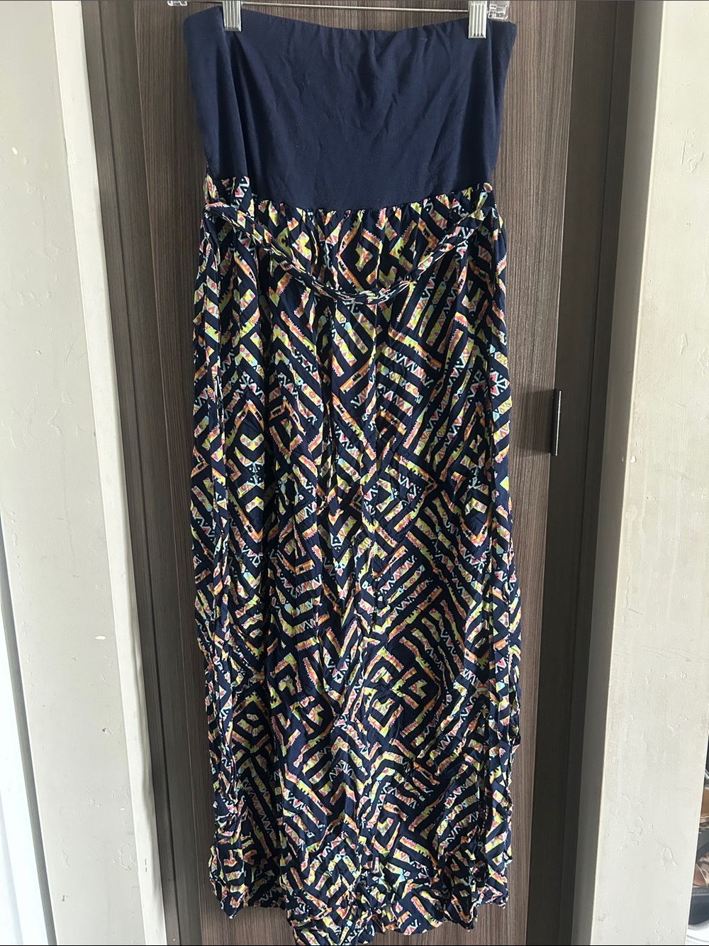 Navy Strapless Maxi Dress with Geometric Print